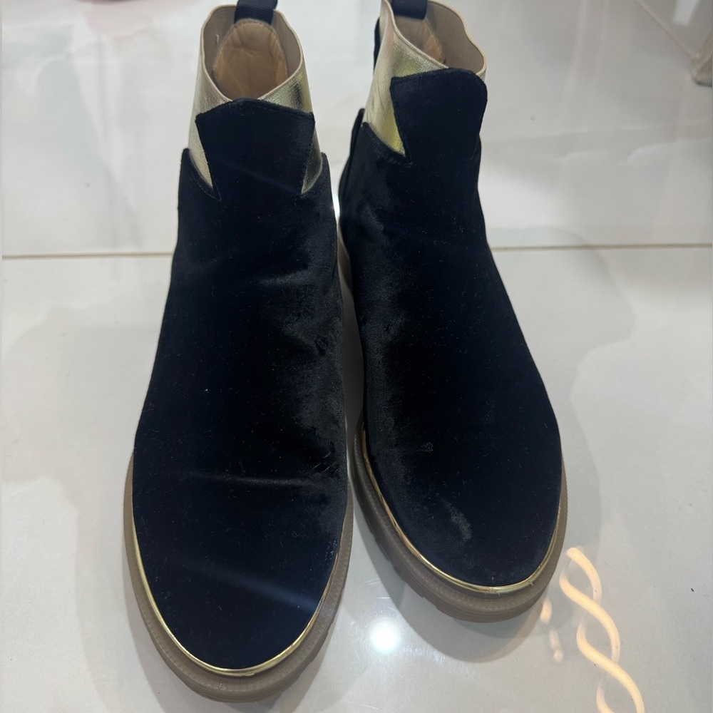 Charlotte Olympia Black Velvet Ankle Boots with Gold Accents